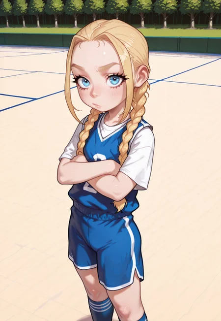 4k, fine detail, high quality eyes, masterpiece, best quality, amazing quality, geh1, 4s0r4, eigaka, possmach, artist:moriimee, 1 girl, solo girl, young, basketball uniform, blue vest, white t-shirt, shorts, kneehighs, outside, looking at viewer, crossed arms, xcindyx, blonde hair, long hair, twin braids, blue eyes, eyelashes, outdoors, 