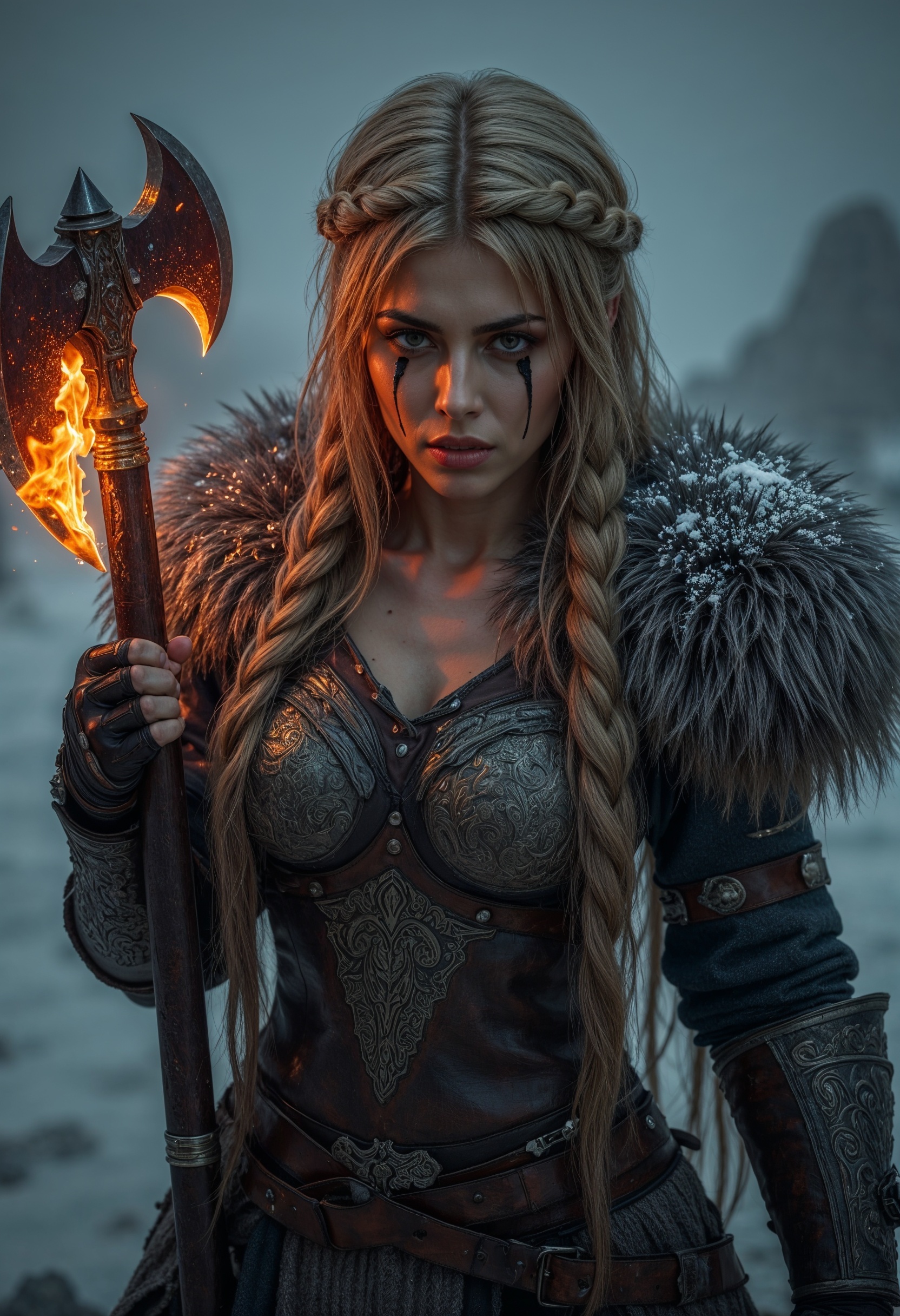 R3alism, a warrior in a snowy, mystical setting. The subject is a woman with long, braided blonde hair, adorned with intricate braids and beads. Her skin is fair, and she has striking dark war paint accentuating her eyes. The female warrior is clad in detailed armor with fur accents, showcasing a mix of metal and leather textures. She holds a large, ornate axe with a glowing, fiery blade, casting a warm light that contrasts with the cold, blue-toned background. Snowflakes are falling around her, adding to the dramatic and intense atmosphere. The overall composition is dynamic, with a focus on the female warrior's determined expression and the fiery weapon, creating a sense of power and mysticism. (maximum ultra high definition image quality and rendering:3), maximum image detail, maximum realistic render, (((ultra realist style))), realist side lighting, , 8K high definition, realist soft lighting, (amazing special effect:3.5).  <lora:FluxMythR3alism:1>