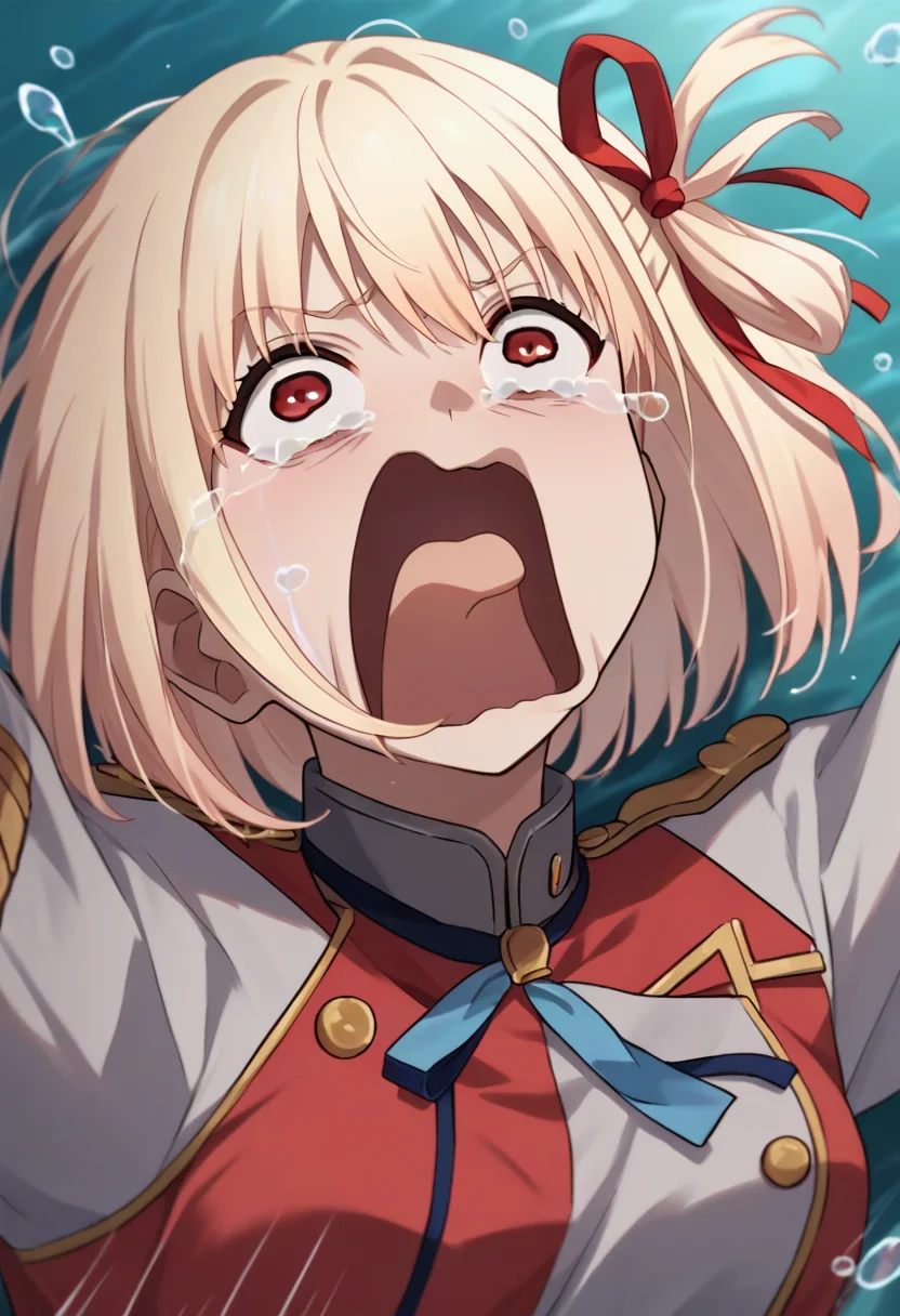score_9, score_8_up, score_7_up, source_anime, solo, 1girl, nishikigi chisato, lycoris recoil, aquascreaming, screaming, open mouth, crying with eyes open, blonde hair, bob cut, hair ribbon, red eyes, lycoris uniform, red dress, grey dress <lora:concept_aquascreaming_ponyXL:1>
