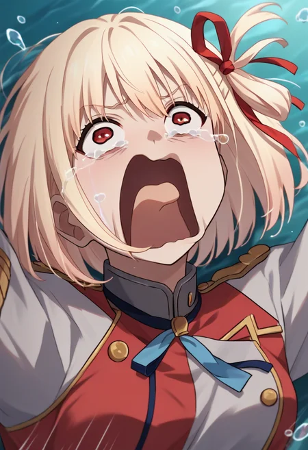 score_9, score_8_up, score_7_up, source_anime, solo, 1girl, nishikigi chisato, lycoris recoil, aquascreaming, screaming, open mouth, crying with eyes open, blonde hair, bob cut, hair ribbon, red eyes, lycoris uniform, red dress, grey dress <lora:concept_aquascreaming_ponyXL:1>