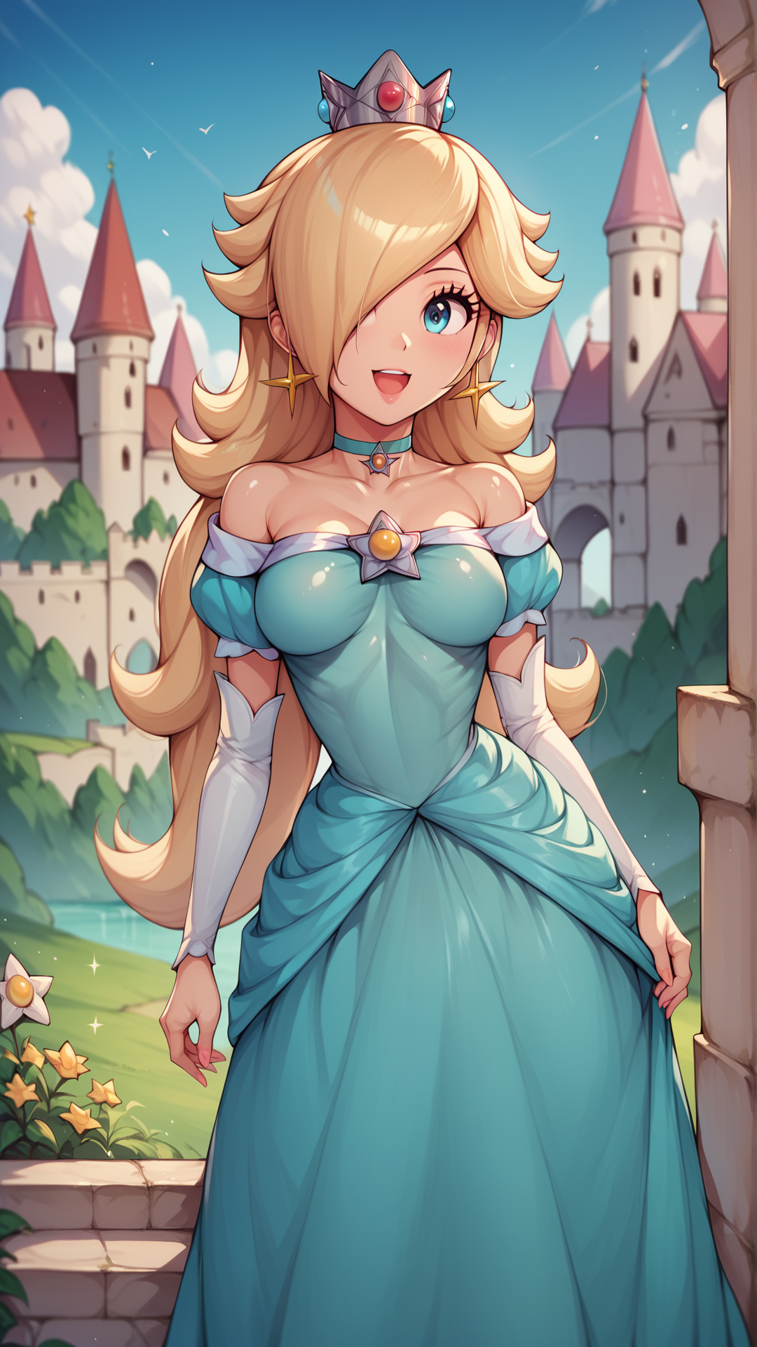 score_4,score_5,score_6,score_7_up,score_8_up,score_9 BREAK <lora:Princess_Peach_Shiny_Style_V3.0:0.6>,princess rosalina,1girl,solo,jewelry,earrings,long hair,breasts,very long hair,big hair,choker,blue dress,medium breasts,:d,outdoors,smile,open mouth,shiny,shiny skin,castle,puffy sleeves,