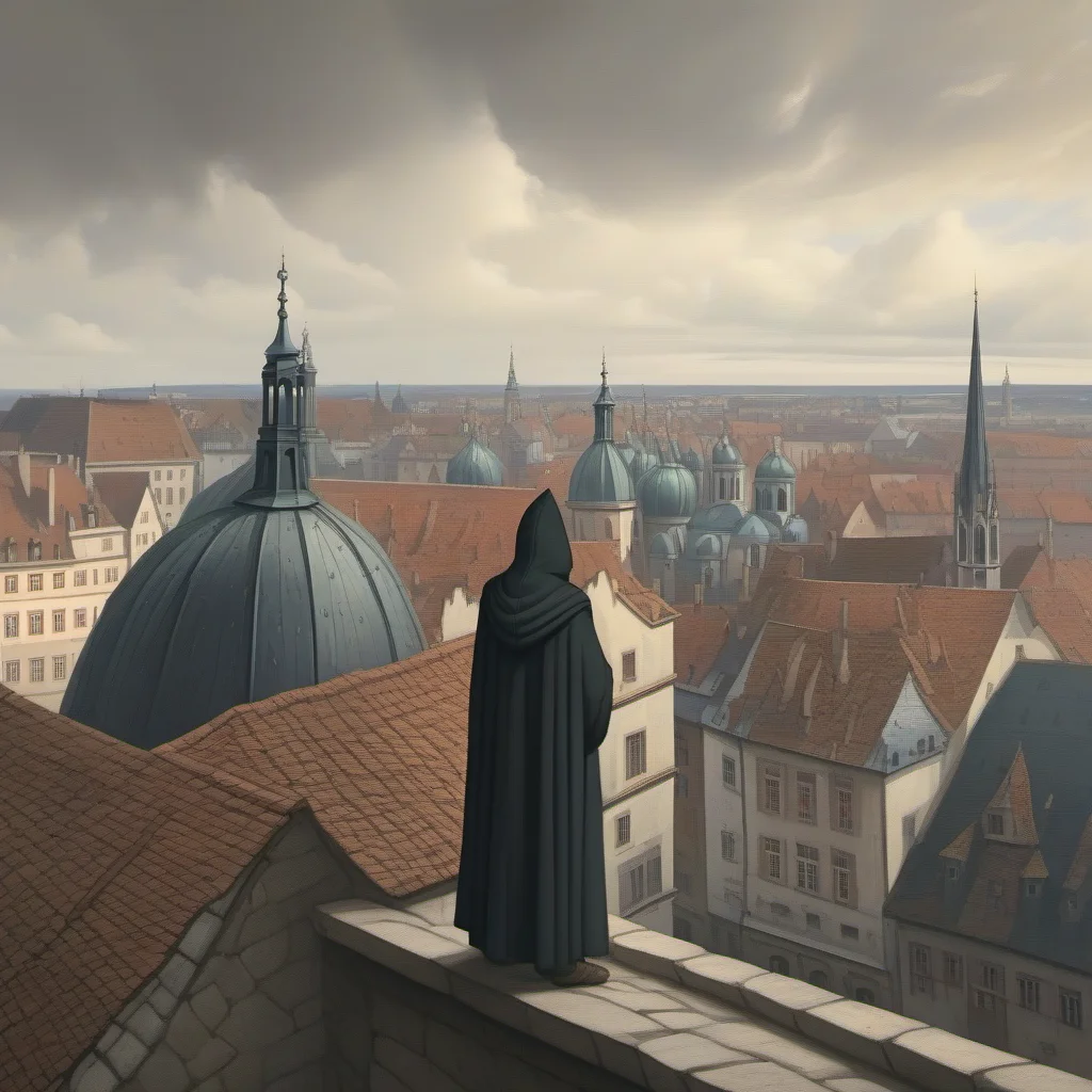 <lora:NatureLandscapePainting01_Hap_XL:1>, Historical European city, medieval architecture, overcast sky, hooded figure, rooftop vantage, ornate buildings,