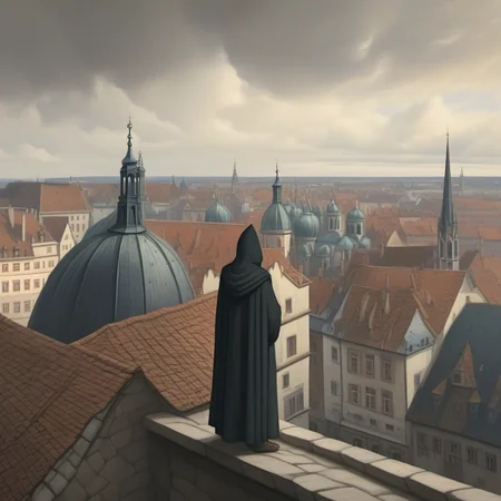 <lora:NatureLandscapePainting01_Hap_XL:1>, Historical European city, medieval architecture, overcast sky, hooded figure, rooftop vantage, ornate buildings,