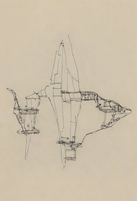 a professional hand sketch of architecture,
(POV view , DOF, first people view from the entrance, low angle shot:1.4),
(Ancient civilization, Alien Prometheus movie scene, dune movie scene:1.5), (The colonial city of the future, in the mist-filled Grand Canyon, on an unknown Earth-like planet, 2 moon on sky, Spaceship flight connects colonies, waterfulls:1.3), (Machu Picchu, a mountain settlement, incredibly spectacular:1.2), (Mario Botta:1.3), (avant-garde, future, reality, science fiction, photorealistic), (modern architecture:1.2), White limestone with black granite, fountain, waterfall, landmark, square, path, narrow street,
(Large Files, Ultra Realistic, 8K, 16k, FHD, HD, VFX, Perfect, Photography, composition, Architecture Sales Photography, Architecture Competition, Ultra High Resolution, Cinematography, High Resolution Image:1.1), (dramatic lighting, direct sunlight, ray tracing, clear shadow:1.2), (real landscape:1.1), (blurred background:1.0), (urban background, more_details) ,
great lighting, extremely detailed, hillscastel, Neo Classic, Architecture sketch