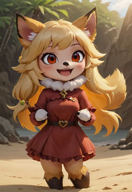 furry fox girl, ((brown fox)), (chibi), 
bad fox, with red big eyes,  beach,
(orange) dress, portrait, long blonde hair,
Hyperrealistic art high-quality portrait flat matte drawing of a cute Nendoroid and cartoon style, anime flat style, thick drawing, medium close-up", (solo:1.2), photorealistic:1.5, 8k, texture skin, realistic skin, detailed skin, highest detailed, extreme detailed, 8k wallpaper, colorful, (dark magic), ring with the stone, (intricate details), (hyperdetailed), 8k hdr, high detailed, lot of details, high quality, soft cinematic light, atmospheric perspective (focus on), color Ink wash painting, Extremely high-resolution details, photographic, realism pushed to extreme, fine texture, incredibly lifelike,