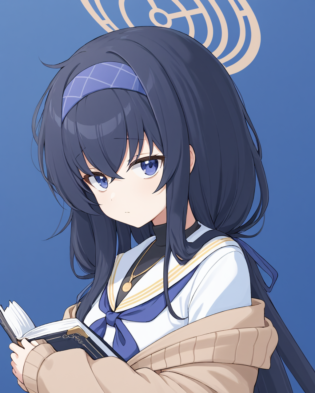 ui \(blue archive\),white_sailor_collar, halo, holding_book, solo_focus, closed_mouth, upper_body, 2girls, simple_background, blue_hairband, long_sleeves, serafuku, two-tone_background, looking_at_viewer, blue_neckerchief, necklace, white_shirt, off_shoulder, brown_cardigan
<lora:ui_(blue_archive)_image2537_2023-11-28:1>halo. gorgeous,key visual, vibrant, studio anime,award-winning, professional, highly detailed,high budget, cinemascope