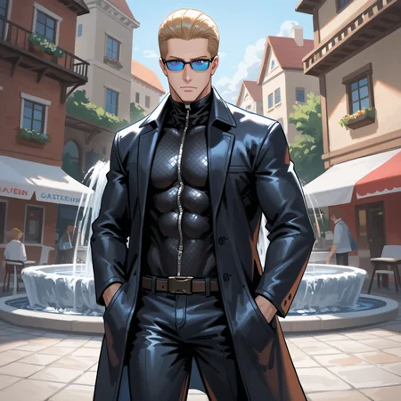 PonyScores7, source_anime, ah1, best quality, (masterpiece:1.4), (high quality:1.4), sharp focus, 4k, absurd resolution, <lora:albertwesker-guy-PONYv1:0.8> albertwesker, albert wesker, 1boy, solo, blonde, black gloves, sunglasses, belt, pants, black coat, black pants, looking at viewer, toned, athletic, fit, slicked back hair, black turtleneck, zipper, mature male, (graphene textured clothes), black boots, (scientist, wearing a lab coat with safety goggles and a curious look), (Town Square Fair, central square with a stage for performances, food and craft stalls, jugglers and street performers, fountain in the center), bad-hands-5, ((furled brow expression)), <lora:xl_more_art-full_v1:0.2>, <lora:shinyskin2:0.2> glistening skin, <lora:aesthetic_anime_v1s:0.2>, <lora:Expressive_H:0.2> Expressiveh, <lora:hairdetailpxl:0.2> hairdetailpxl, <lora:detailxl:0.2> detailxl, (Instagram shot), (utility shorts), (focused, intense glare), slit pupils, short hair, (blue eyes), best quality, amazing quality, best aesthetic, absurdres, <lora:expressive eyes:0.2> expressive eyes, <lora:eyedetailpxl:0.2> eyedetailpxl, illustration, Volumetric_Lighting, ultra-detailed, very aesthetic, intricate details, 8k, masterpiece, best_quality, (angular face, sharp_featured face),