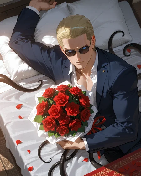 PonyScores7, source_anime, ah1
BREAK <lora:albertwesker-guy-PONYv1:0.8> albertwesker, albert wesker, 1boy, blonde, (sunglasses:1.3), looking at viewer, toned, athletic, fit, slicked back hair, mature male, short hair, (lying bed), (<lora:Indian_First_Night_Bed:0.8> bed, pillow, flower, heart, petals, rose, red flower, carpet, bouquet, red rose, rose petals, ornaments,), ((Rejoicing expression)), (focused, intense glare), blue eyes, (angular face, sharp_featured face), handsome, charming, alluring,  <lora:MC_superhuman:0.2> ((black tentacles, black tendrils))
BREAK <lora:xl_more_art-full_v1:0.2>, <lora:shinyskin2:0.2> glistening skin, <lora:aesthetic_anime_v1s:0.2>, <lora:Expressive_H:0.2> Expressiveh, <lora:hairdetailpxl:0.2> hairdetailpxl, <lora:EpicF4nta5yXL:0.2>, <lora:detailxl:0.2> detailxl, <lora:Fant5yP0ny:0.2>, best quality, amazing quality, best aesthetic, absurdres, <lora:expressive eyes:0.2> expressive eyes, <lora:eyedetailpxl:0.2> eyedetailpxl, illustration, Volumetric_Lighting, ultra-detailed, very aesthetic, intricate details, 8k, masterpiece, best_quality
BREAK (Aerial View shot)
BREAK <lora:Eyes_High_Definition:0.3> EyesHD, Stable_Yogis_PDXL_Positives, AS-Adult, <lora:Complicated fantasy portrait - XL Pony V2.0:0.4>, bad-hands-5, AS-MidAged,
