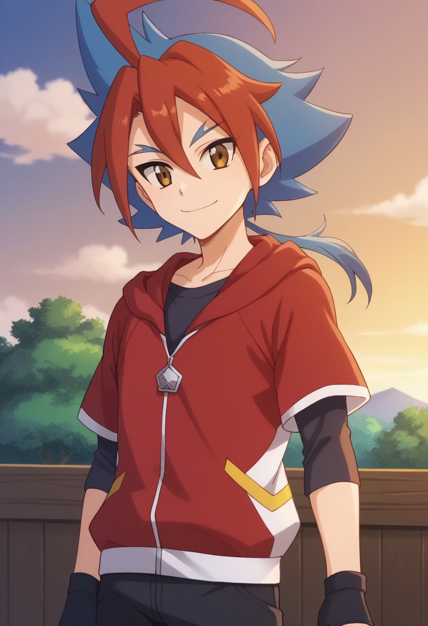 score_9, score_8_up, score_7_up, source_anime, highly detailed, 
yugamikado, male focus, 1boy, gloves, solo, blue hair, ahoge, ponytail, red hair, multicolored hair, two-tone hair, smile, pants, black pants, spiked hair, hoodie, red hoodie, hood, zipper pull tab, bangs, brown eyes, looking at viewer, standing, short sleeves, shirt, black shirt, upper body, smile,
outdoor, sky, cloud, tree