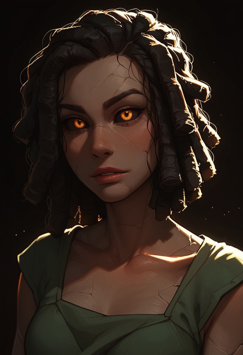 (score_9, score_8_up, score_7_up). (line work, excellent drawing, highest quality, extremely detailed:1.2). solo, 1girl, ((((stone girl, stone skin, stone body)))), earth elemental, glowing skin, cracked skin, black sclera, glowing orange eyes, ((stone hair), black hair), dreadlocks, g0thicPXL, romantic, source_cartoon, depth of field, dark background, dark background, medium distance, semirealistic, pinup pose, simple tunic,