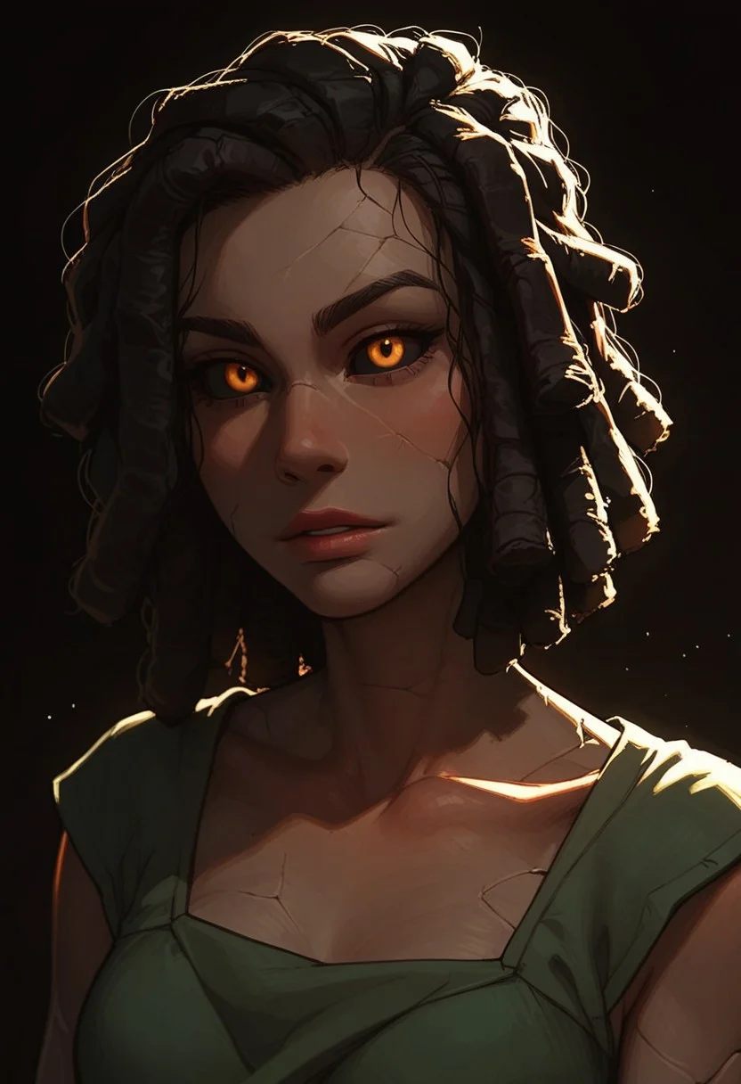 (score_9, score_8_up, score_7_up). (line work, excellent drawing, highest quality, extremely detailed:1.2). solo, 1girl, ((((stone girl, stone skin, stone body)))), earth elemental, glowing skin, cracked skin, black sclera, glowing orange eyes, ((stone hair), black hair), dreadlocks, g0thicPXL, romantic, source_cartoon, depth of field, dark background, dark background, medium distance, semirealistic, pinup pose, simple tunic,