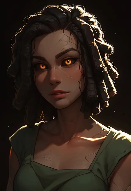 (score_9, score_8_up, score_7_up). (line work, excellent drawing, highest quality, extremely detailed:1.2). solo, 1girl, ((((stone girl, stone skin, stone body)))), earth elemental, glowing skin, cracked skin, black sclera, glowing orange eyes, ((stone hair), black hair), dreadlocks, g0thicPXL, romantic, source_cartoon, depth of field, dark background, dark background, medium distance, semirealistic, pinup pose, simple tunic,