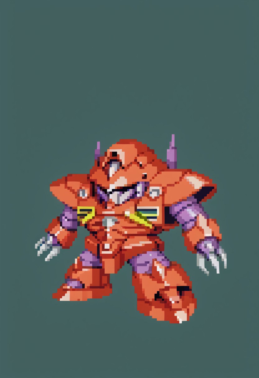 (full body view), (masterpiece), (ultra detailed), best quality, zgok, red_zgok_armor, robot, no humans, mecha, chibi, green background, simple background, SRWFStyle