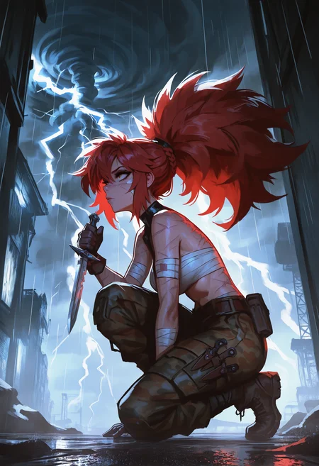 masterpiece, best quality, good quality, very aesthetic, absurdres, newest,From Side,Vanishing Point, Cyber Warfare,
1girl, red hair, full body, gloves, lightning, female focus, on one knee, pants, rain, scar, scar on arm, scar on back, scar on cheek, scar on face, Woman with bandage wrapped around her chest, Bandage around breast,tornado,Camouflage pants,Holding a Military dagger,Short Ponytail Braid,big hair, shadowy lighting, cinematic atmosphere, Cinematic Lighting, <lora:ponyv4_noob1_2_adamW-000017:0.7> <lora:USNR_STYLE_XL_lokr:0.8>