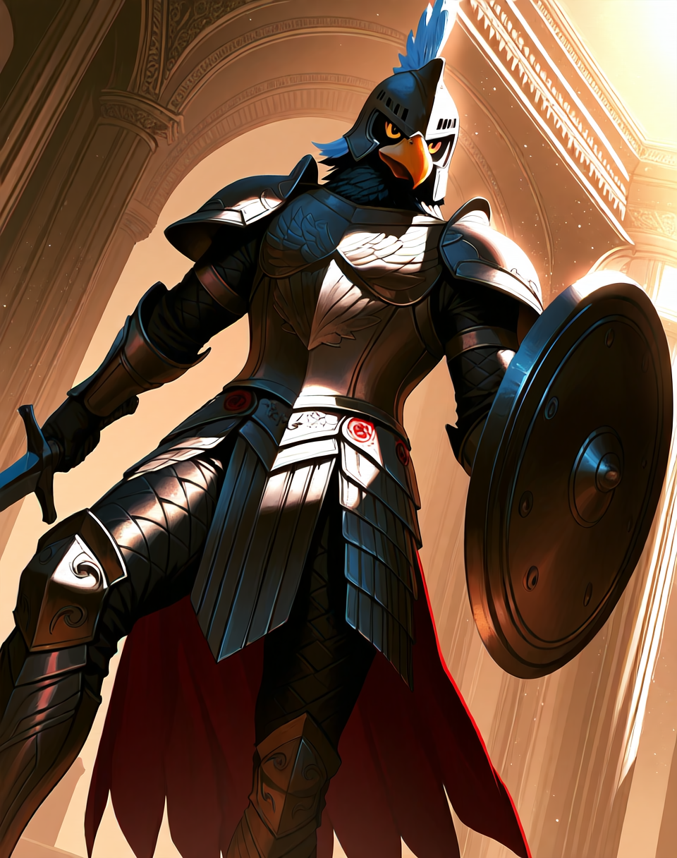 <lora:Fokka_(Zelda_2)_(Illustrious)_(AD):1> Fokka, birdmen, armor, 
dutch angle, dynamic action, bent leg, 
male focus, intense shadows, dynamic shadows and lighting, intricate details, attention to details, gradient coloring, interior, palace, beak, helmet, sword, shield, 
EZRealPONYXL, zPDXL, Smooth Quality, lazynsfw,