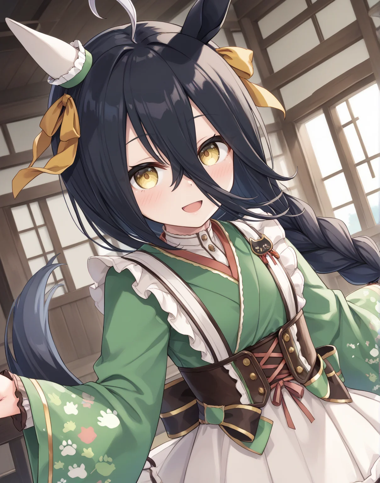score_9, score_8_up, score_7_up, official art, masterpiece, high quality, megami magazine, official style, game cg, 1girl, (looking at viewer:1.4), (open mouth:1.0), , smile, blush, Twirling with arms in the air, dutch angle, patterned background,,
manhattan cafe (umamusume), ahoge, animal ears, black hair, highres, tail, horse tail, horse ears, horse girl, long hair, multicolored hair, hair between eyes, yellow eyes, shirt, skirt,
mht verdant night, manhattan cafe (verdant night) (umamusume), corset, brown corset, ear covers, single ear cover, kimono, green kimono, frilled kimono, japanese clothes, long bangs, long sleeves, maid, wa maid, official alternate costume, official alternate hairstyle, apron, waist apron, white shirt, wide sleeves, brown skirt, pleated skirt, bow, braid, single braid, braided ponytail, ear ribbon, green bow, hair bow, ribbon, yellow ribbon, frilled apron, frills, paw print, eyelashes, low-tied long hair, green ribbon, hair ribbon, , <lora:umamusume_manhattan_cafe_verdant_night_pony_v1:1>,,