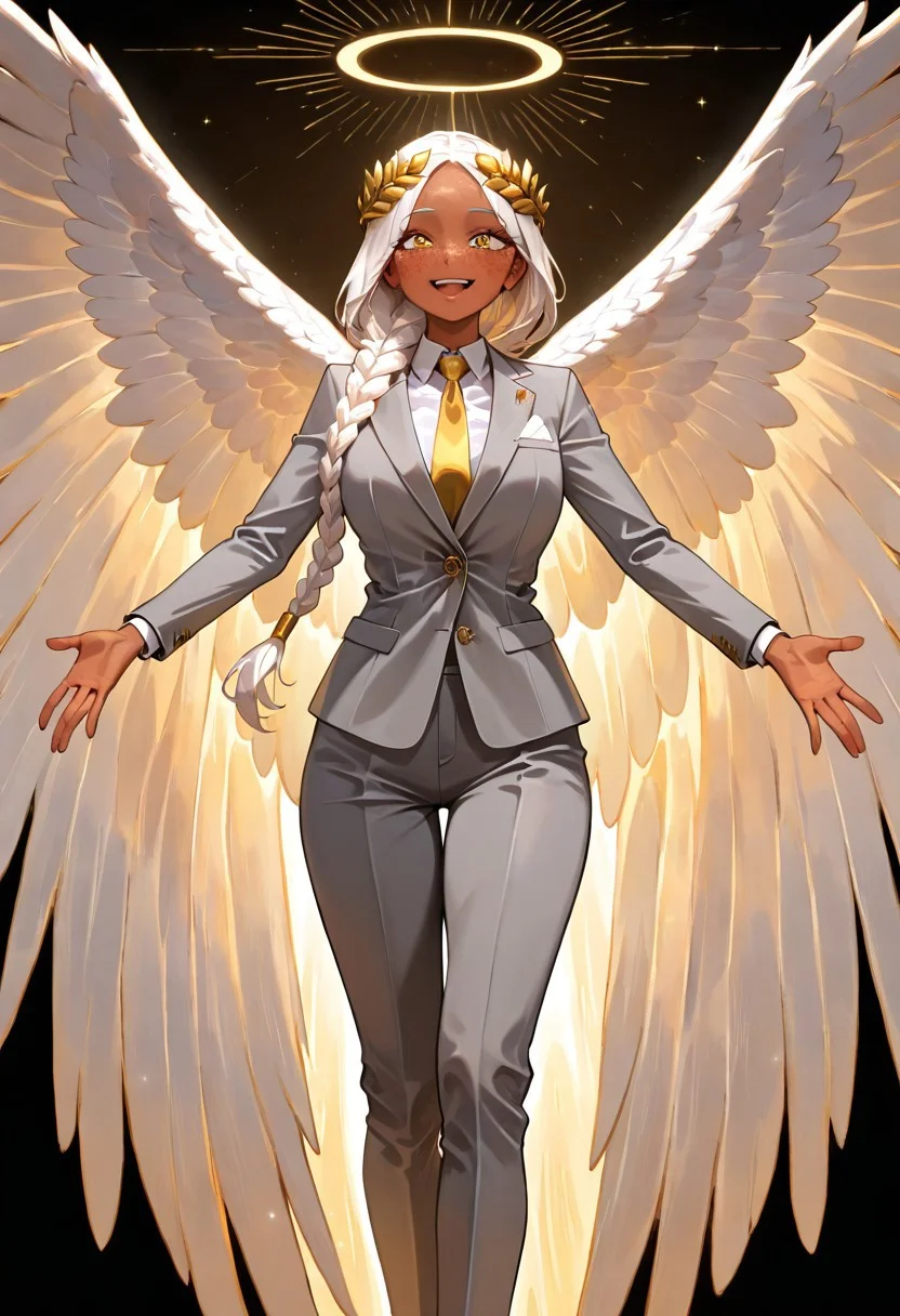 masterpiece, best quality, newest, absurdres, highres, DMIXV1.0, 1girl, dark skin, dark-skinned female, grey suit, suit official attire, official clothes, nectie, yellow necktie, white hair, long hair, braid, single braid, angel, angel girl, halo, wings, angel wings, smile, happy, open eyes, golden eyes, laurel crown, freckles,