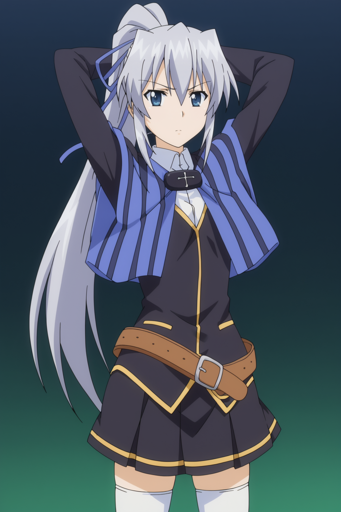 score_9, score_8_up, score_7_up, source anime, prefect lighting, very aesthetic, BREAK, anime coloring, anime screencap,
<lora:liliana_kranjcar_v2-pdv6:1>, 1girl, liliana kranjcar, campione!, blue eyes, grey hair, ponytail, hair ribbon, long hair,
liliaout, capelet, white thighhighs, belt, skirt, zettai ryouiki, 
BREAK, looking at viewer, 
BREAK,âââ :\3, arms above head,