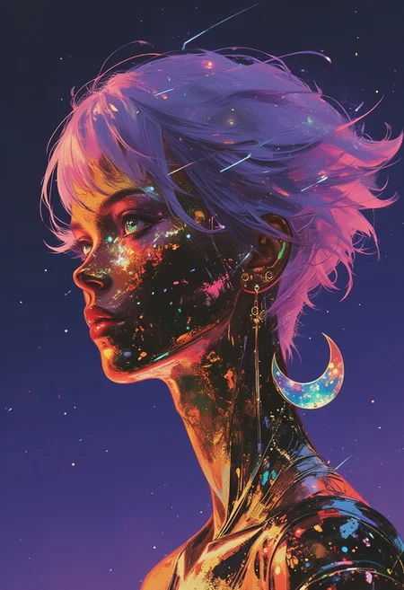 Chromecore, against a deep violet background, a close-up side profile of an adult woman with liquid gold skin shimmers with a polished metallic finish. Her glowing emerald green eyes emit an ethereal light, while bioluminescent electric blue tears stream down her cheeks, intensifying the surreal atmosphere. The chrome-like surface reflects neon magenta and cyan highlights, creating a dynamic interplay of light and shadow.
Intricate geometric engravings subtly glow across her metallic skin, emphasizing her fusion of cybernetic and organic elements. A crescent moon earring dangles from her left ear, blending mysticism with futuristic aesthetics. Her short, asymmetrical hair, infused with iridescent purple strands, shifts hues as light refracts off its metallic sheen.
A translucent obsidian faceplate conceals her mouth, adding an air of mystery, while gold circuit-like veins pulse faintly beneath her skin, suggesting an advanced fusion of humanity and machine. The rich violet background, infused with soft glowing embers of magenta and teal, heightens the dreamlike, cybernetic aura of the composition.