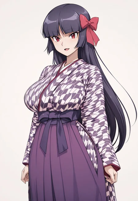 score_9,score_8_up,score_7_up,source_anime,5_figner,2d_animation,game cg,BREKE,1girl,solo,
zzSabrina, red eyes, long hair, blunt bangs, sabrina pokemon, purple hair, black hair, 
purple hakama,yagasuri,japanese clothes,kimono,long sleeves,hair ribbon,
smile,cowboyshot,openmouth,
huge breasts,thick hips,thick thighs,thick waist,disproportionate breasts,
curves,glamour,
simple background,white background,
masterpiece,best qualit,ultra-detailed,illustration,an extremely delicate and beautiful,beautiful detailed eyes,unity 8k wallpaper,high resolution,anime CG,official_art,Erotic_style, anime_coloring, anime_screencap,