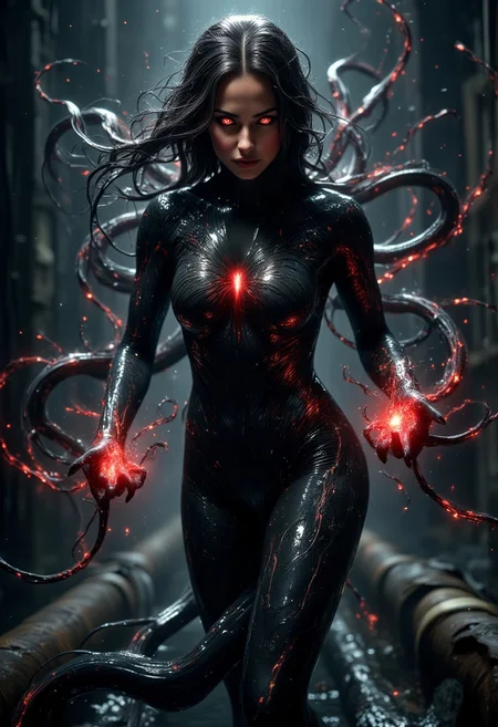 An ultrarealistic full body photo of woman in fighting venom symbiote, black venom tentacles, raindrops, powerful venom symbiote, standing in deep dark black liquid, female character in a dynamic, action-oriented pose. The character has long, wavy black hair that appears wet, and she is wearing a tight, glossy black suit that covers her entire body. Her skin is light, and she has striking red eyes. The suit has a liquid-like texture, with tendrils extending from her back, adding a sense of movement and intensity to the scene. The background is dark and rainy, with blurred lights suggesting an urban setting. The overall style is highly detailed and realistic, with a focus on dramatic lighting and texture,  long hair, , diadem, evil smile, evil glowing eyes, venom symbiote, 8k
she exudes an aura of untamed strength and seductive allure, embodying the very essence of the storm, mysterious and enchanting expression, dreamlike and mystical atmosphere, highly detailed and intricate, (masterpiece: 2), best quality, ultra highres, original, extremely detailed, perfect lighting, perfect hands, perfect body.
<lora:Aura_Flux:0.85>,
<lora:FluxMythP0rtr4itStyle:0.75> mythp0rt,
<lora:bokeh_flux_ntc:0.4>,
<lora:detailed_flux_ntc:0.6>,
<lora:Dever_Flux_Enhancer:0.6> ,
<lora:detailer_flux_v1:0.6> detailerlora,mythp0rt, detailerlora