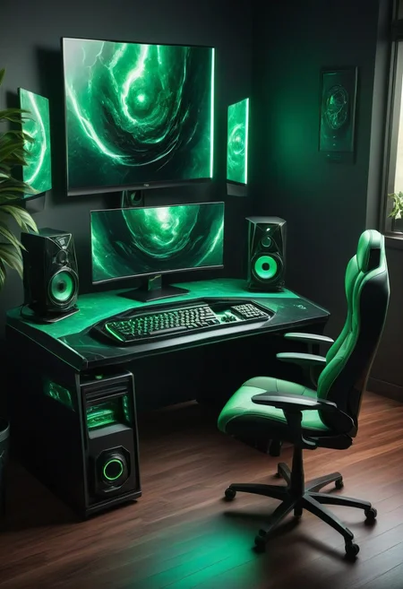 made from jade and obsidian, jade, obsidian,score_9, score_8_up, score_7_up,desk, gaming computer, computer, green light, 2 monitors, keyboard, mouse, the desk is in a corner, gaming chair