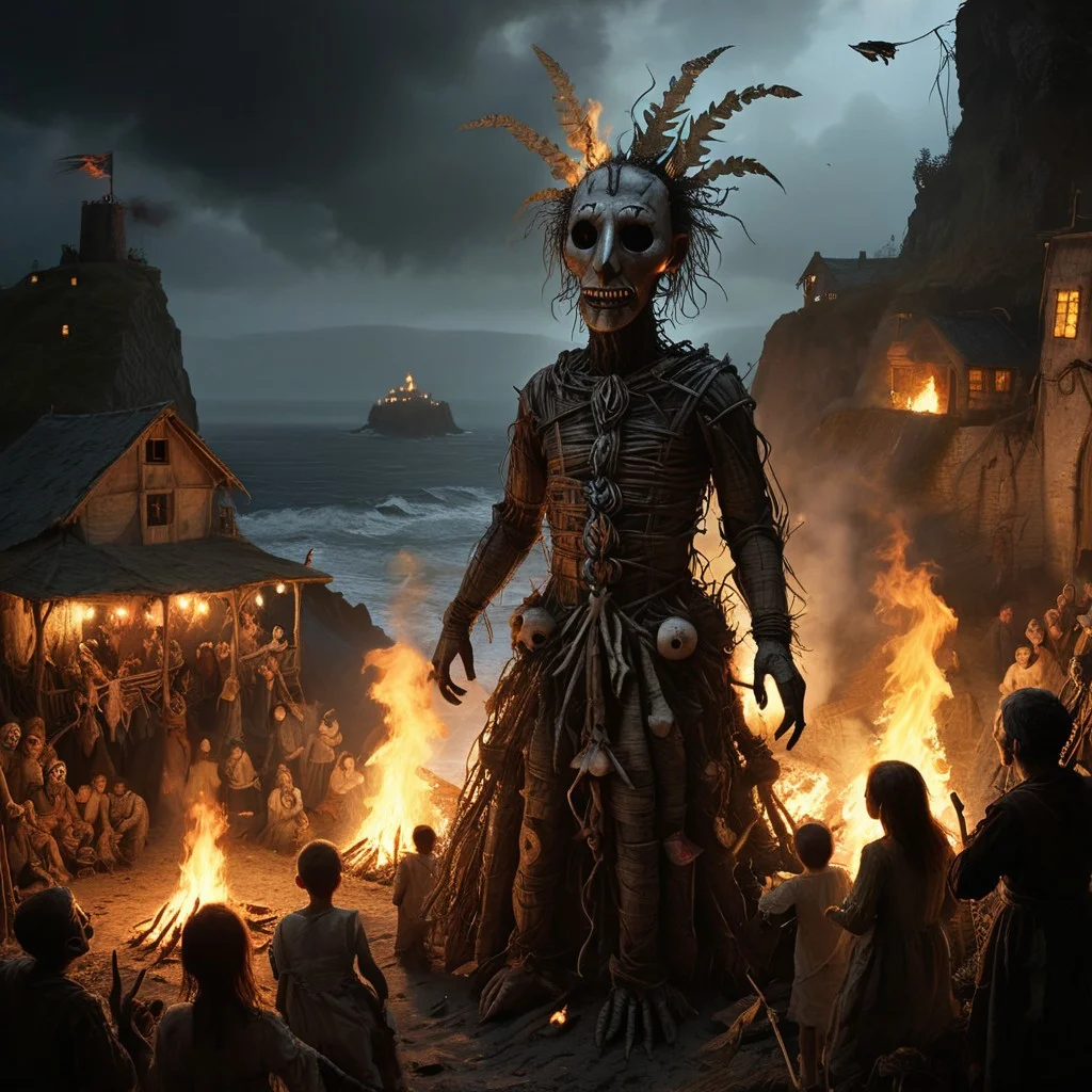 DonMn1ghtm4reXL, stephen gammell (artist), chiaroscuro, low-key, great lighting, corcoc3s, c3s,(Folk rural horror:1.5), (isolated island community:1.3), (massive wicker man structure:1.5), (twilight scene on coastal cliff:1.2), (jubilant villagers dancing:1.4), (pagan ritual atmosphere:1.3), (protagonist peeking out from wicker man's gaps:1.4), (flickering torches illuminating scene:1.2), (ominous bonfire preparations:1.3), (traditional folk costumes with unsettling masks:1.4), (contrast between festive mood and impending doom:1.5), (Celtic-inspired designs on wicker man:1.2), (stormy sea in background:1.1), oil painting technique, hyper-detailed, 8k resolution, unsettling warm light from flames, (sense of inescapable fate:1.3), (blurred line between celebration and cruelty:1.4), photorealistic textures, (oppressive inevitability:1.3), (implicit threat in joyful faces:1.4), (foreboding atmosphere despite festivities:1.5), (implied danger rather than explicit content:1.4)