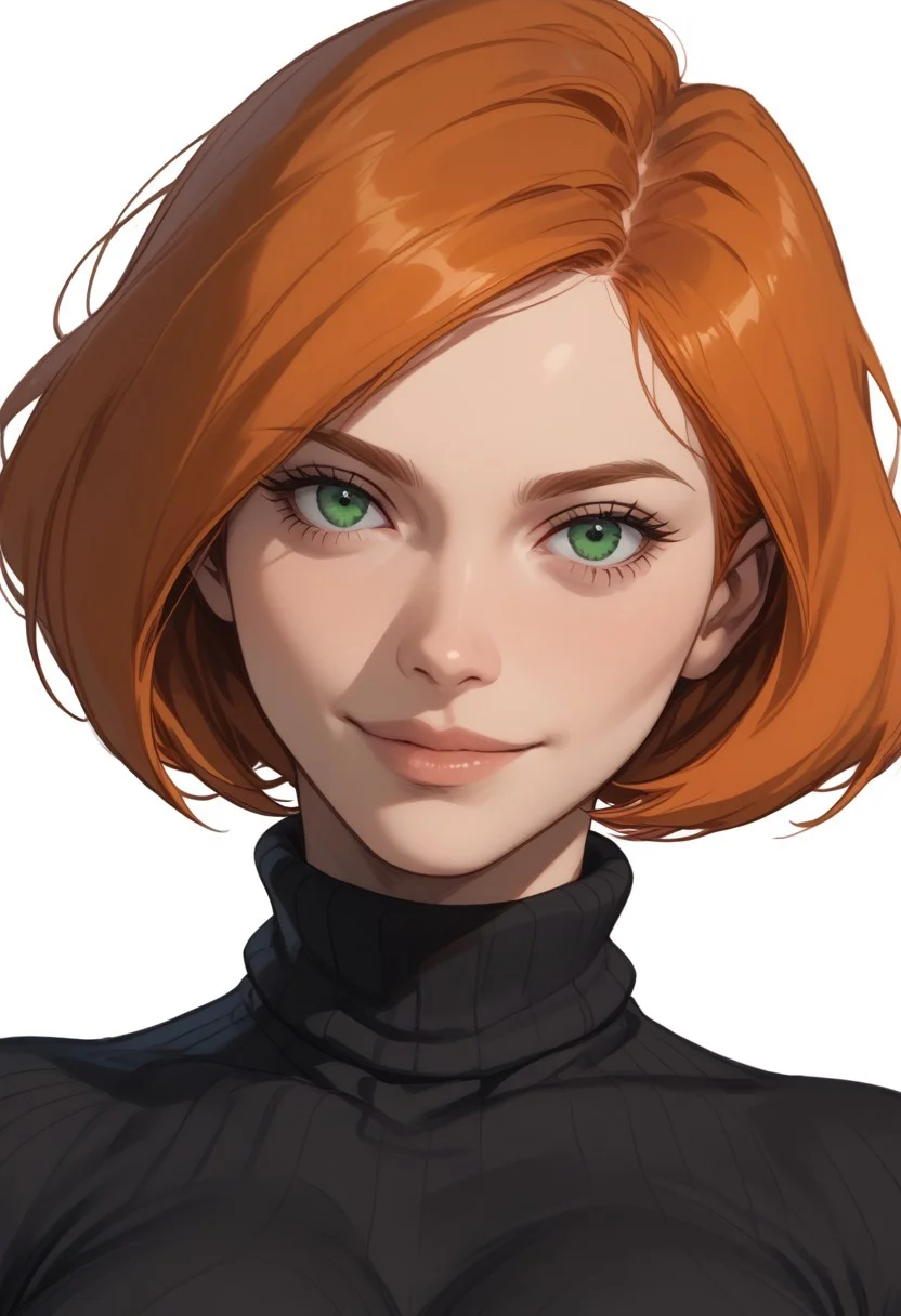 score_9, score_8_up, score_8, score_7_up, score_7, ((close up)), face focus, Expressiveh
BREAK
1girl, solo, annpossible, orange hair, short hair, green eyes, large breasts, looking at viewer, head tilt, seductive look, aroused, horny, standing, black turtleneck sweater, light smile
BREAK
white background