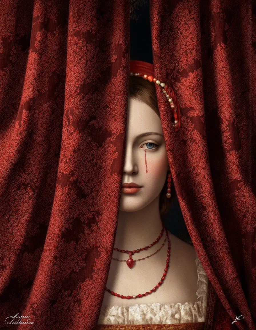 By Anna & Elena Balbusso. A digital illustration shoot from a portrait camera angle about a portrait of a woman with a mysterious expression, partially obscured by red fabric with intricate patterns. the image also shows a woman in the middle of the image, who appears to be in her late 20s, with light skin, brown hair, and a serious expression. she has blue eyes and is wearing a red headpiece adorned with pearl beads and a red necklace with red beads. her lips are painted with red lipstick, and she has a red mark on her eye. the background is a dark, textured fabric with a floral pattern, and the image has a watermark in the bottom right corner that reads "tudor queen".