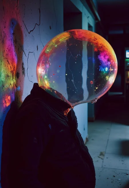 A mysterious figure leans casually with one shoulder against a wall, facing the viewer, in a dimly lit 80s hallway. The translucent head of the figure refracts the light into vivid neon spectral hues, casting an ethereal rainbow pattern onto the wall beside them. Dust particles float in the air, caught in the soft, atmospheric lighting that filters through the scene. The figure’s relaxed posture contrasts with the surreal beauty of their translucent form, where faint veins of light pulse within the glass-like material of their head.
The hallway is adorned with retro-futuristic design elements, neon accents flickering faintly, and the distant hum of an old soda machine adds to the ambiance. The light reflections from their head create a mesmerizing interplay of colors on the cracked paint and worn textures of the wall. Shadows from the neon spill across the floor, enhancing the cinematic and dreamlike atmosphere. The air feels thick with nostalgia and mystery, as though this is a snapshot from an unreal, forgotten memory.