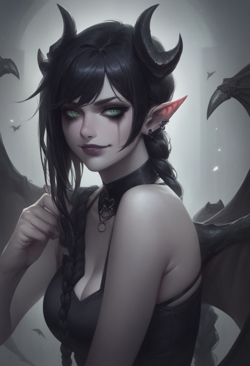 score_9, score_8_up, score_7_up, BREAK, 1woman portrait, beautiful, dramatic lights ((Succubus, Demon Girl, Succub, horns, seductive, seductive look, goth, goth girl, goth makeup, green eyes, wings, bat wings grey skin, grey colored skin, black hair, long braided ponytail, bangs, side bangs, happy, smug))
