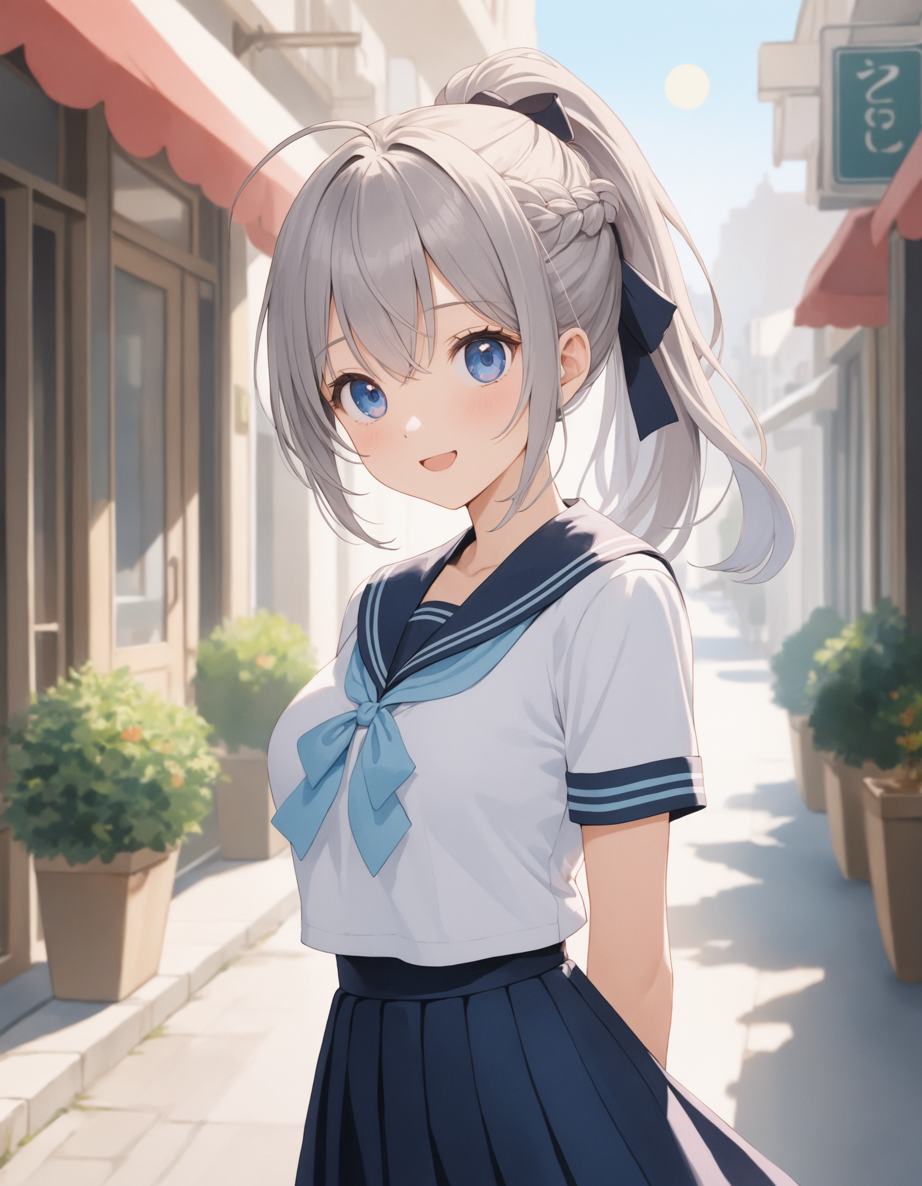 SceneDescription:   - Composition: Upper body shot. Shooting from front.   - Subject: A cute girl.     - Characteristics:       - Face: (Cute round face:1.1).       - Eyes: Detailed dark-blue eyes.       - Hair: Long wavy high (ponytail:1.2) with big ribbon hair ornament, (gray hair), (gray inner hair), left side french braid, ahoge and hair between eyes.       - Body: Detailed slender body. Large breasts.       - Clothing: School uniform, navy sailor collar, short sleeves and navy pleated skirt.       - Expression: Amused expression. Open mouth.       - Posing: (Arms behind back:1.2). Head tilt. Looking at viewer.   - Background: Fashionable cafe street.     - Elements: Decorative plants. Blue sky. Lens flare. Time: Daytime. Lighting: (Natural lighting:1.4). ArtStyle: Watercolor. Traditional media. Blurry. Pale pastel colors. Quality: Intricate details. Extremely detailed. Outstanding intricacies. (Masterpiece:1.2). (Best quality:1.2). (Absurdres absolutely resolution:1.4). Mood: Pastel atmosphere. <lora:flat_sdxl:0.2>
