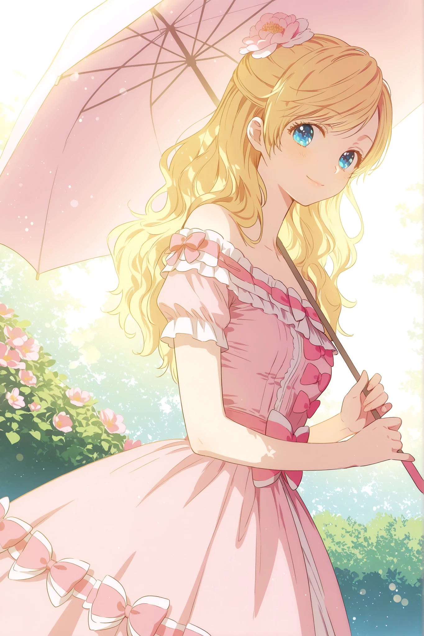 masterpiece, best quality, absurdres, high quality, detailed illustration, romantic atmosphere, pinkparasoldress, 1girl, solo, athanasia, blonde hair, blue eyes, wavy hair, long hair, hair flower, pink flower, ruffles, bow, pink bow, pink dress, dress, off shoulder, ribbon, pink ribbon, holding umbrella, looking at viewer, sweet smile, gentle expression, delicate features, soft lighting, sunlight, outdoors, rivers,garden setting, detailed background, bokeh, cowboy shot, dutch angle