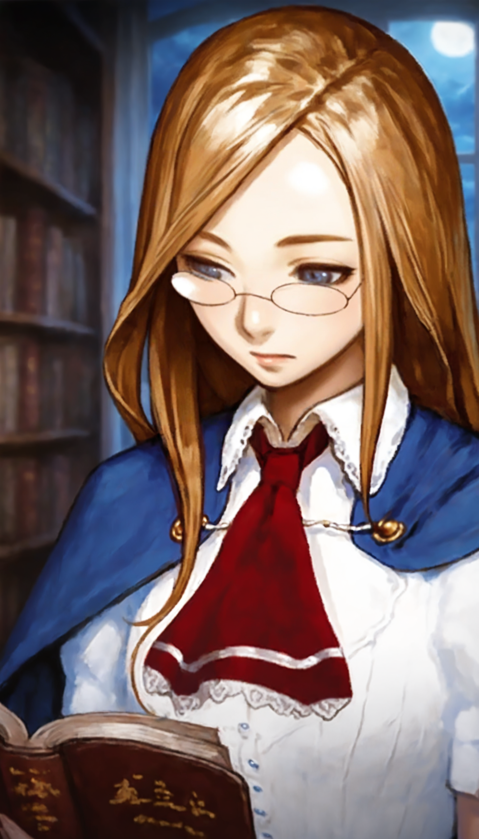 masterpiece,best quality,amazing quality,
<lora:charlotteAullinNAI:1>,charlotteaulin,
1girl,solo,
brown hair,long hair,
blue eyes,
blue cape,white dress,red tie,
portrait,holding book,eyes looking to the side,looking down,glasses,face focus,close up,
blurry background,depth of field,vignetting,moon,cloud,light particles,soft lighting,indoors,night,fog,library,window,dark,