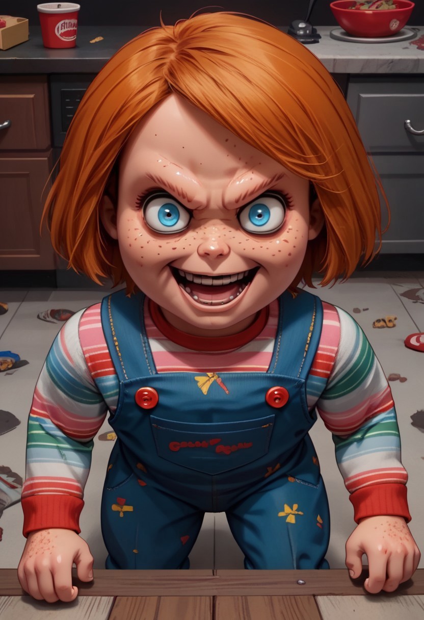score 9, score 8, score 7, score 6, 1boy, solo, ChuckyXLP, short hair, blue eyes, freckles, brown hair, striped, long sleeves, overalls, interior, basement, horror theme, wicked grin, crazy eyes, looking at viewer, sinister, wicked, dark, high angle, dynamic pose, slight crouch, short, shortstack, slim build, open mouth,