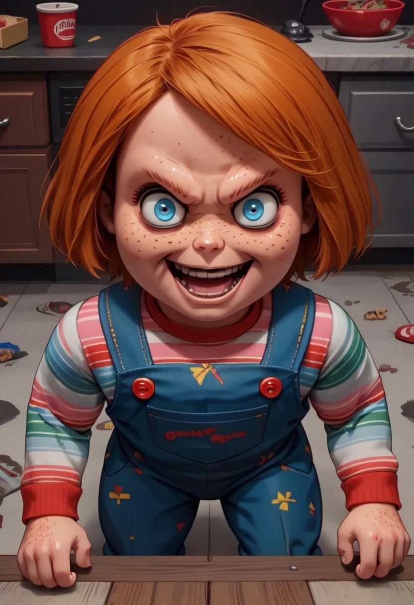 score 9, score 8, score 7, score 6, 1boy, solo, ChuckyXLP, short hair, blue eyes, freckles, brown hair, striped, long sleeves, overalls, interior, basement, horror theme, wicked grin, crazy eyes, looking at viewer, sinister, wicked, dark, high angle, dynamic pose, slight crouch, short, shortstack, slim build, open mouth,