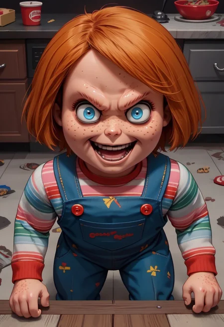 score 9, score 8, score 7, score 6, 1boy, solo, ChuckyXLP, short hair, blue eyes, freckles, brown hair, striped, long sleeves, overalls, interior, basement, horror theme, wicked grin, crazy eyes, looking at viewer, sinister, wicked, dark, high angle, dynamic pose, slight crouch, short, shortstack, slim build, open mouth,