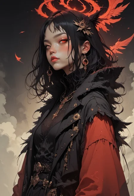 zPDXL3 , Expressiveh , score_9 , score_8 , score_7 , score_6_up , highly detailed , high quality , high res , skindentation , Art Noveau , Noveau , solo ,fashion red devil beauty angel creature, from hell , dark halo , feathered wing , black feather , feather coat, Instagram_Influencer_82_By_Stable_Yogi