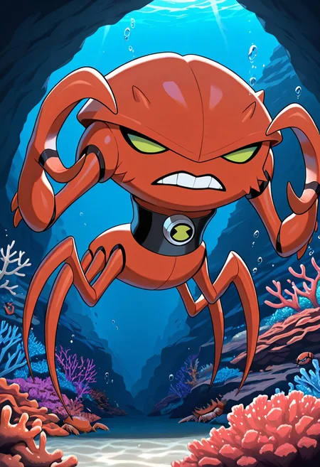 masterpiece, best quality, amazing quality, very aesthetic, absurdres, newest,
brainstorm, solo, teeth, no humans, pokemon (creature), , clenched teeth,  crab, crab claws, , , collar,, full body, spider legs, lobster claws, 
underwater, green eyes,  coral cave, coral reefs, corals,