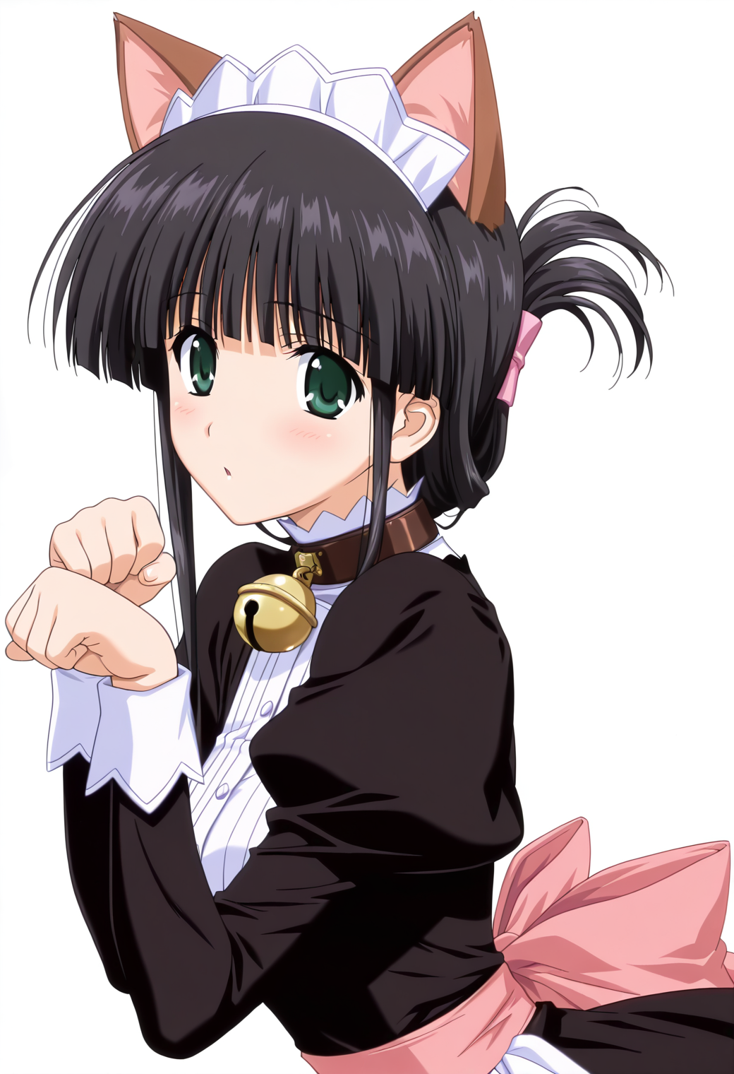 masterpiece, best quality, very aesthetic, absurdres, 1girl, solo,
<lora:hasebe_aya_v01:0.9>, hasebe_aya, aya_cosplay, black hair, folded ponytail, blunt bangs, sidelocks, green eyes,
cat ears, maid headdress, maid, black dress, collar, neck bell, juliet sleeves, long sleeves, pink bow, paw pose, upper body