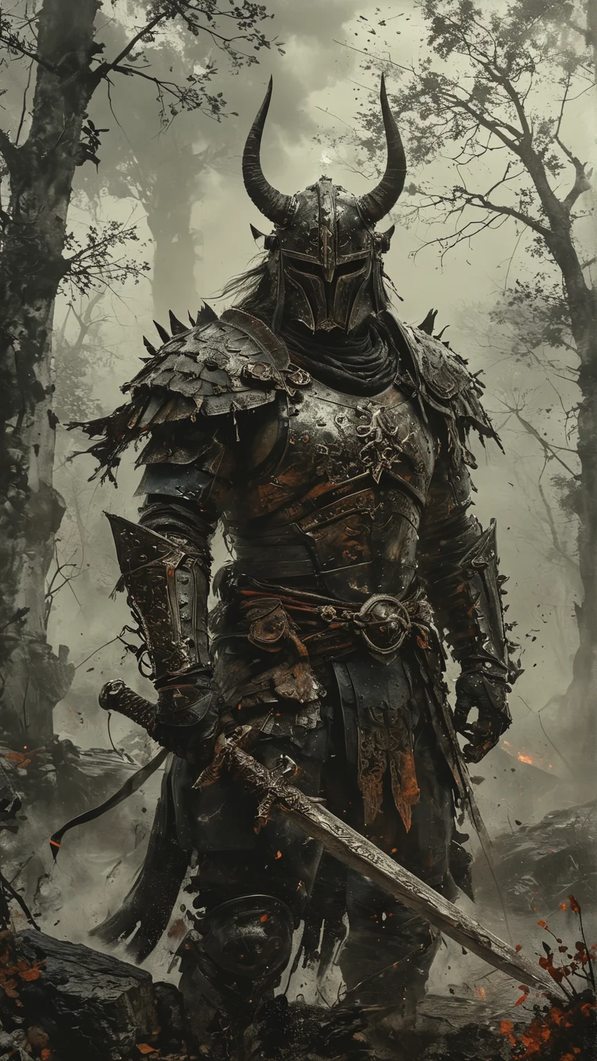 A dark fantasy style depiction of a German warrior. The warrior is clad in ornate, dark armor adorned with intricate designs and spikes. His helmet features menacing horns and his eyes glow with an eerie light. He wields a large, ancient sword with runic inscriptions. The background is a gloomy, mist-covered battlefield with the ruins of a castle and dark, twisted trees. The atmosphere is grim, with stormy skies and flashes of lightning. The overall mood is intense and foreboding.
. black and white but deep red. white background
<lora:add-detail-xl:2> <lora:MJ52:0.5> <lora:ink-style_A3.1_XL:0.66> (ink-style, ink_wash_painting)