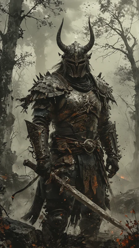 A dark fantasy style depiction of a German warrior. The warrior is clad in ornate, dark armor adorned with intricate designs and spikes. His helmet features menacing horns and his eyes glow with an eerie light. He wields a large, ancient sword with runic inscriptions. The background is a gloomy, mist-covered battlefield with the ruins of a castle and dark, twisted trees. The atmosphere is grim, with stormy skies and flashes of lightning. The overall mood is intense and foreboding.
. black and white but deep red. white background
<lora:add-detail-xl:2> <lora:MJ52:0.5> <lora:ink-style_A3.1_XL:0.66> (ink-style, ink_wash_painting)