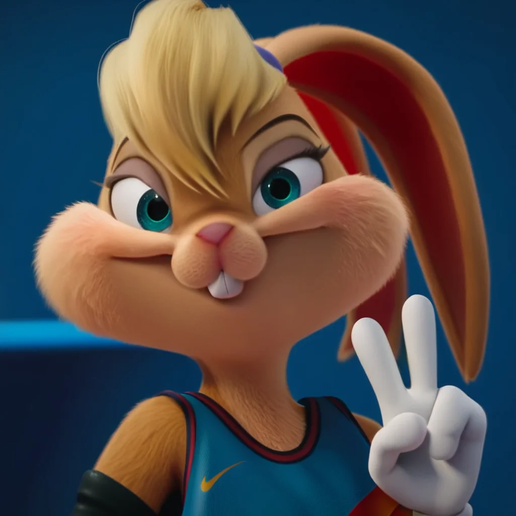 score_9, score_8_up, score_7_up, 4k, masterpiece, best quality, highly detailed, realistic, LBSJ2, 1girl, solo, furry, anthro, lagomorph, bunny, blonde hair, short hair, ears ties back, aqua eyes, black eyebrows, thin eyebrows, pink nose, orange body, orange fur, tan body, tan fur, two tone body, two tone fur, buckteeth, clothed, blue topwear, basketball jersey, black armwear, gloves, 4 fingers, peace sign, smile, closed mouth, upper body, blue background, simple background