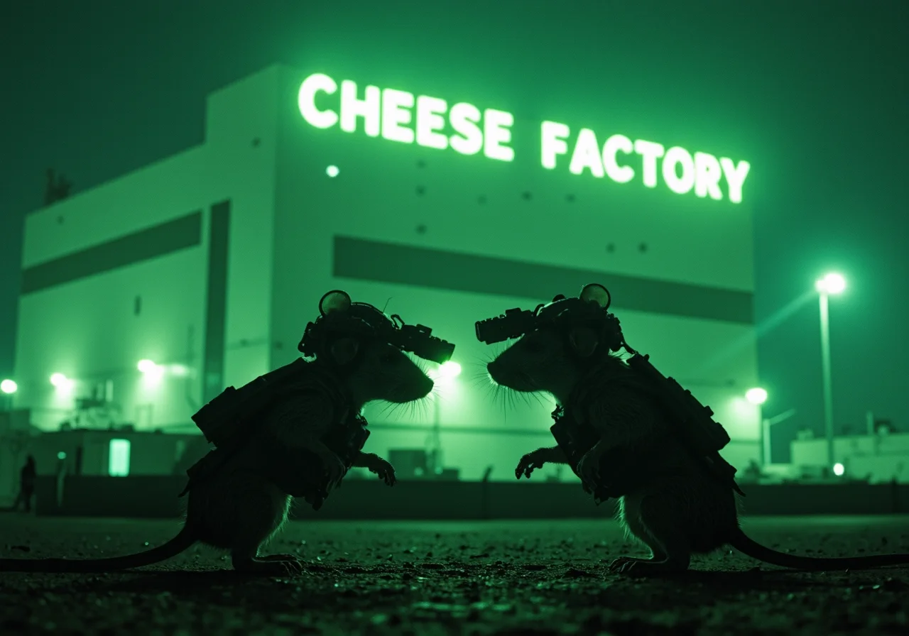 an image viewed through the green filter of night vision of Two mice crouched behind a low wall, both wearing n0ds on their heads, featuring protective headpieces in matte black designed to fit their small frames. The n0ds are equipped with dual-tube optical devices, each with two forward-facing cylindrical lenses and delicate wiring visible along the sides. The mice are dressed in full tactical gear, including miniature tactical vests with multiple pouches strapped securely across their chests. They are hunched over, conferring with one another in hushed tones, their small paws gesturing as if planning their next move. In the background looms a massive industrial building with the words "CHEESE FACTORY" prominently displayed in large, illuminated letters across its facade. The entire scene is bathed in a green night vision effect, with soft halos around the light sources and faint grain, adding to the covert and humorous atmosphere of their operation.<lora:n0ds_epoch_23.safetensors:1.0:1.0>