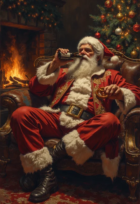 Norman Rockwell Style, An Angry tired, exhausted and drunk Santa, sitting on a couch with one leg draped over the armrest, drinking a bottle of Guinness Beer and eating a large pretzel, behind him the chimney decorated for Christmas is lit with firewood and a slow burning fire, A Christmas tree decorated with lights and beer ornaments stands off in a corner, vibrant glow