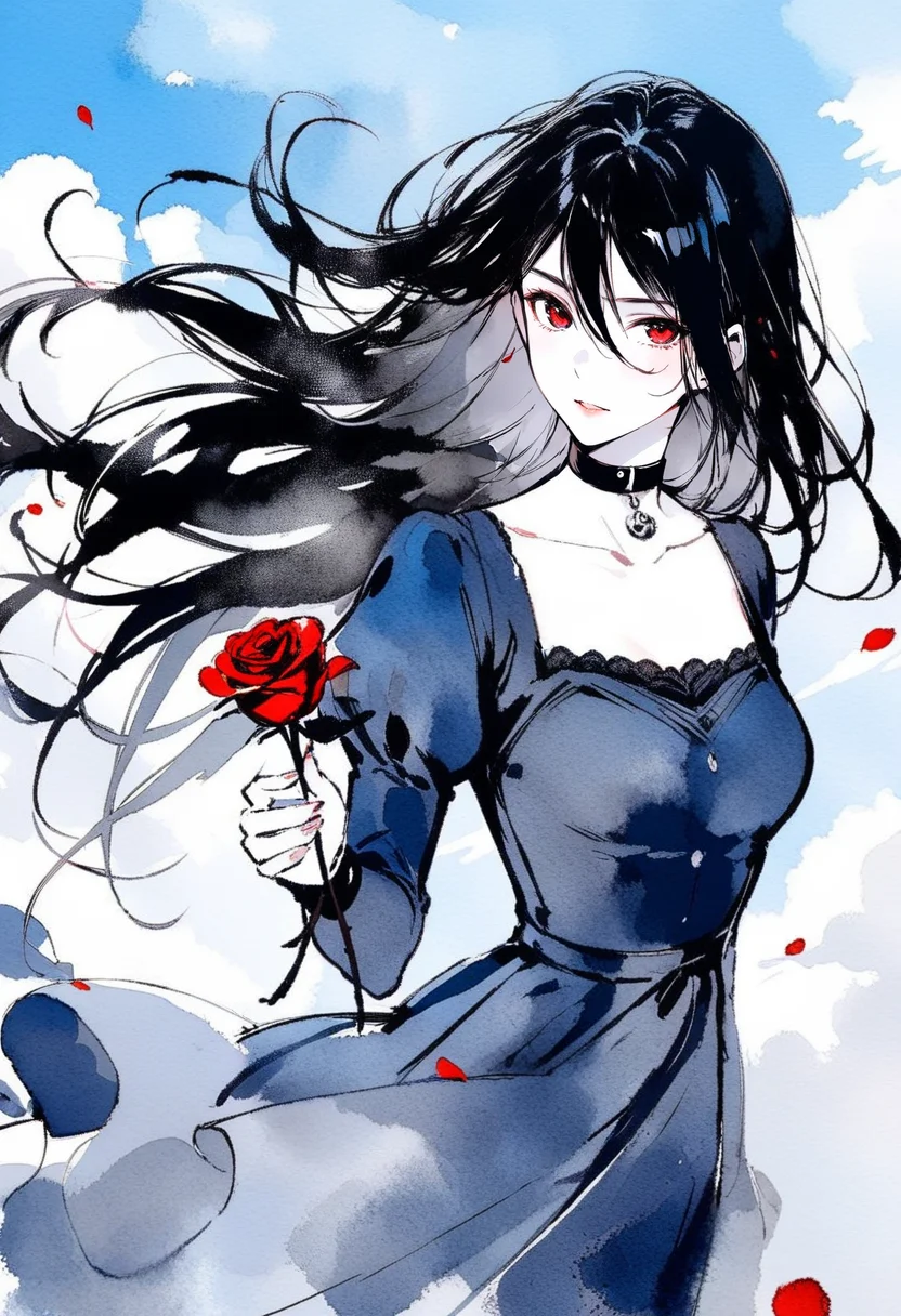 masterpiece, best quality,<lora:inkXL_ANI31_lokr_V43P1:0.95>monochrome, watercolor, 1girl, solo, flower, red eyes, holding, rose, long hair, red flower, sky, petals, looking at viewer, puffy sleeves, holding flower, parted lips, long sleeves, juliet sleeves, upper body, dress, black hair, blue dress, red rose, collar, cloud, blue sky, outdoors, blue theme, floating hair, wind, choker, black collar, limited palette, collarbone, hair between eyes