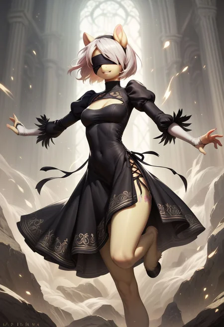 score_9, score_8_up, score_7_up, score_5_up, FLuttershy, pony, antro, 2BNAXL, blindfold, white hair, short hair, black dress, extremely detailed face, high quality, dynamic pose,