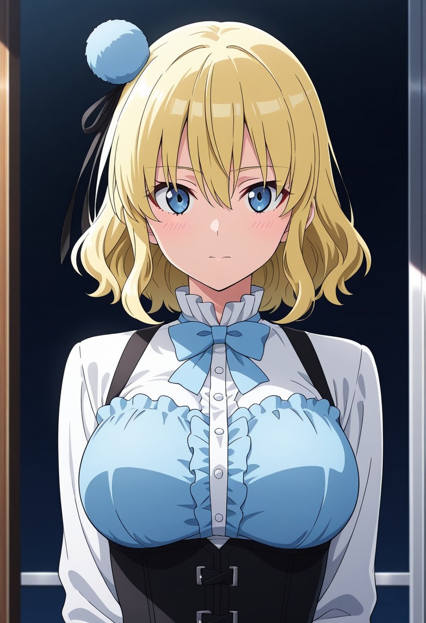 masterpiece, best quality, amazing quality,1girl, solo, BREAK
ari4,blonde hair,short hair, hair ornament, blue eyes,dress,bowtie,
BREAK
,upper body,looking at viewer,closed mouth