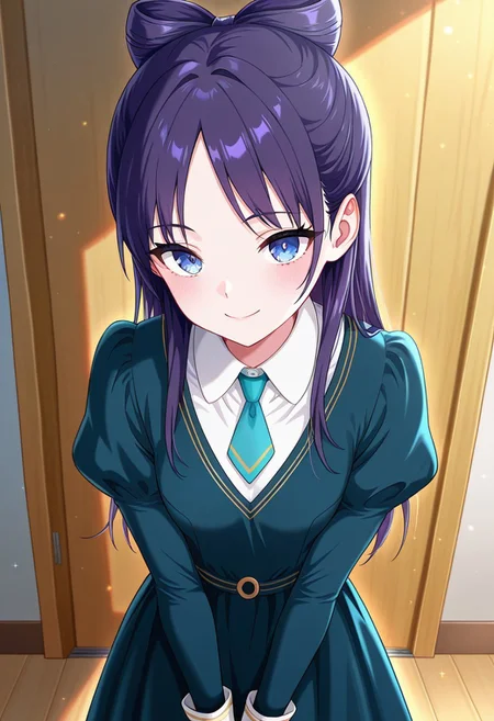 (absurdres, best quality, masterpiece:1.4), amazing quality, highres, newest, detailed, detailed body, detailed face, beautiful, petite,
BREAK
WWNemu, 1girl, solo, standing, smile, NemuMang, manga illustration, dark purple hair, bow-shaped hair, parted bangs, half updo, blue eyes, v-neck dress, white inner collared shirt, Short necktie, juliet sleeves, long skirt