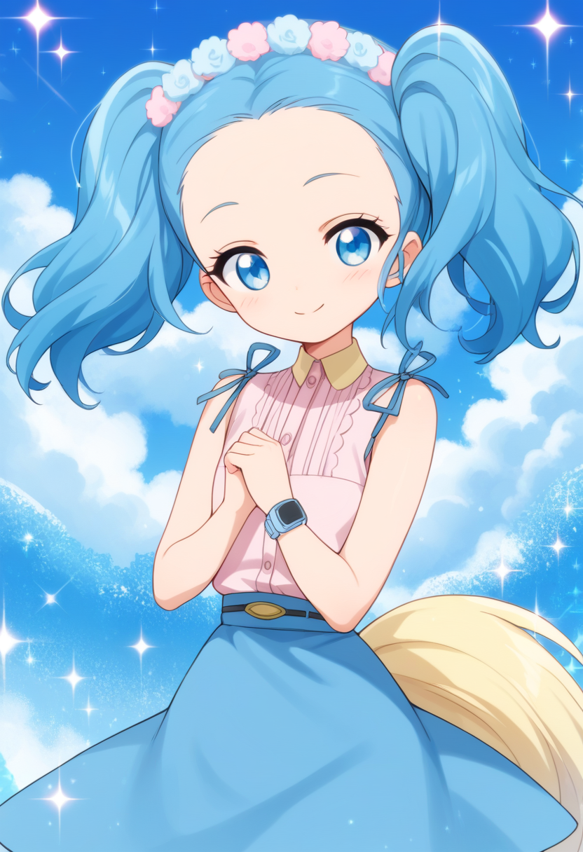 score_9, score_8_up, score_7_up, score_6_up, score_5_up, BREAK
twintails, blue eyes, blue hair, tail, wristwatch, pink shirt, blue skirt, hair ornament, head wreath, 1girl, solo, smile, blush, looking at viewer, sparkle, blue theme, forehead